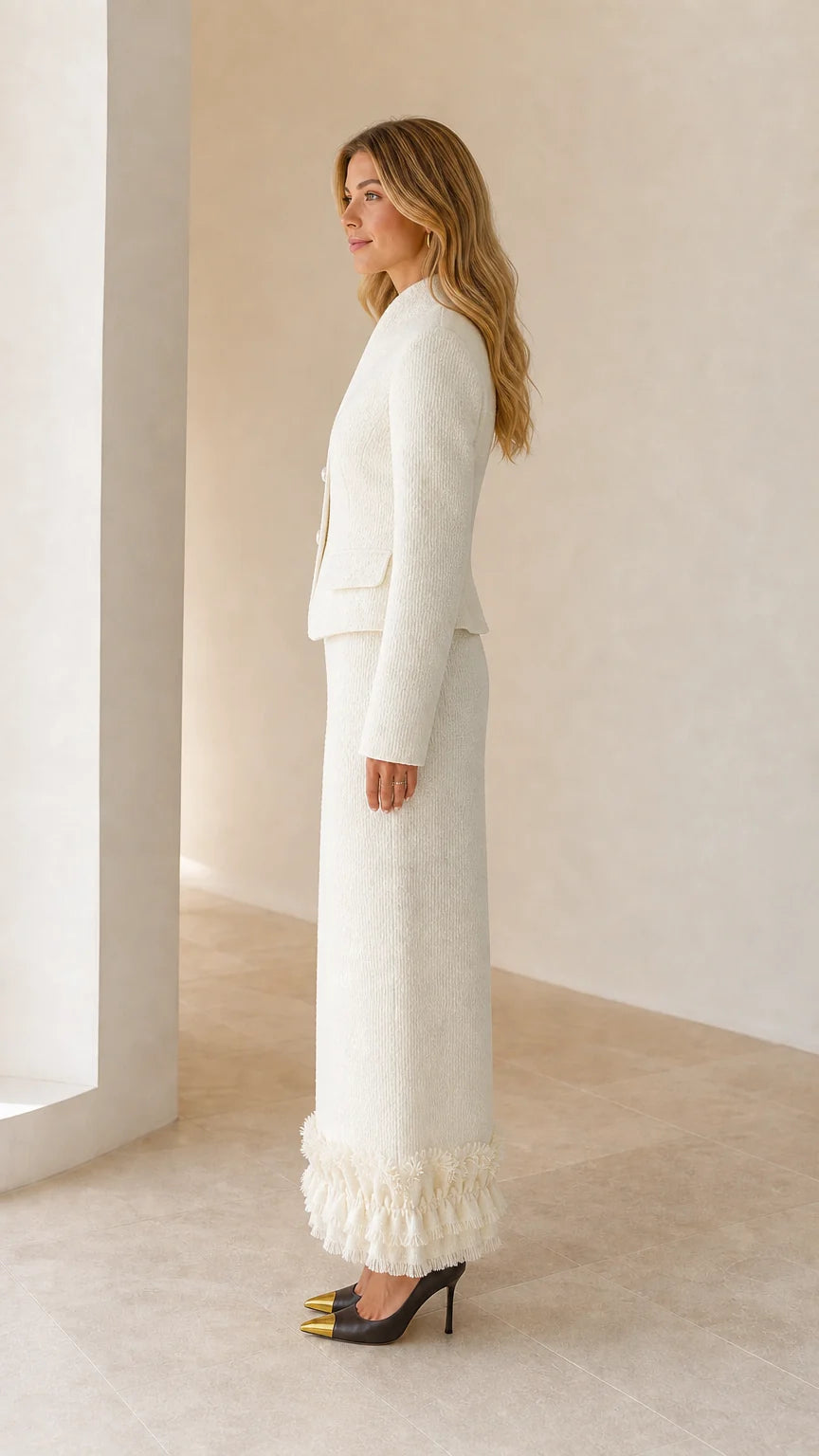 Model wearing white tweed set from the side profile