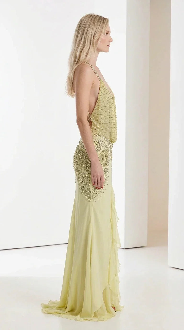 Side profile of yellow formal dress