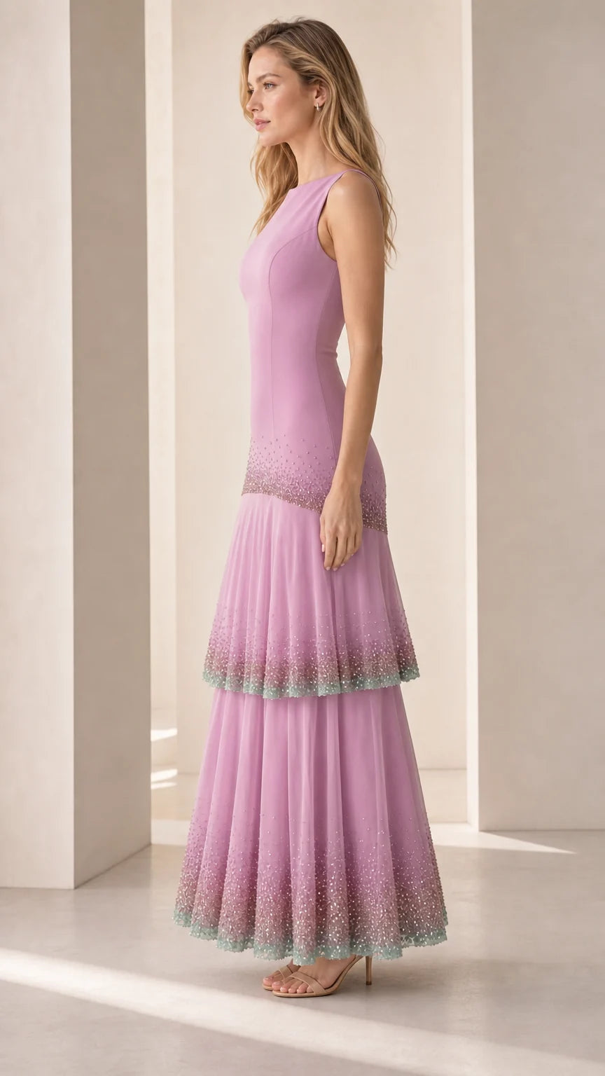 Side profile view of model in lavender formal gown