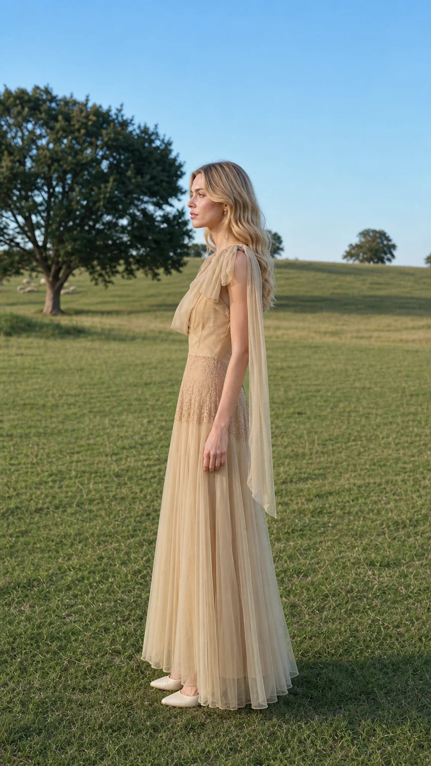 Side profile of model wearing champagne tulle maxi dress