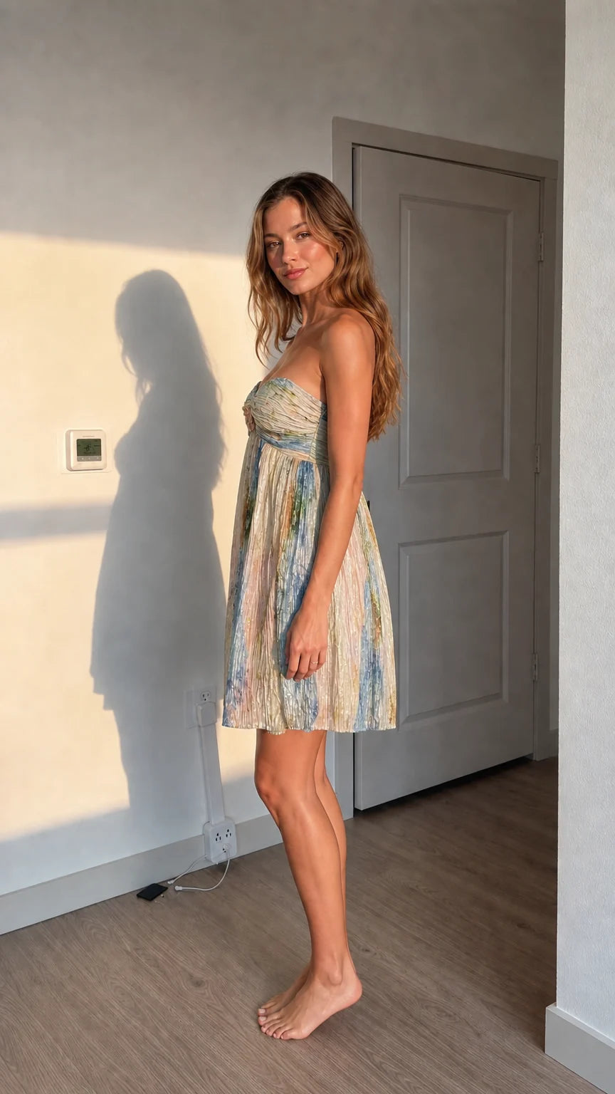 Side profile of woman wearing multi-color strapless pleated mini dress