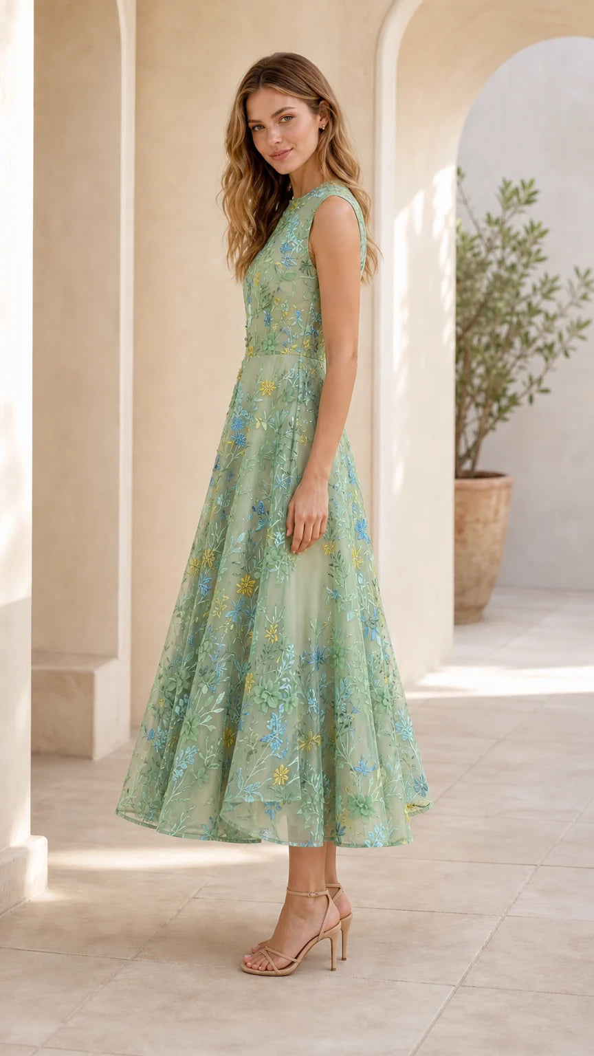 Sage green floral embroidered midi dress side view