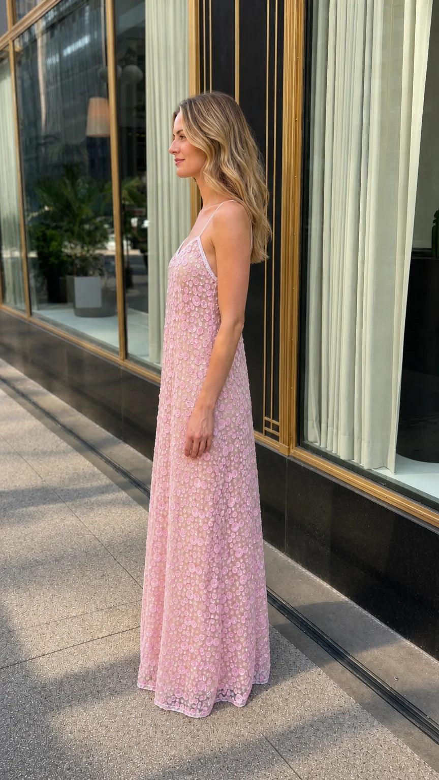 Side profile view of pink maxi dress