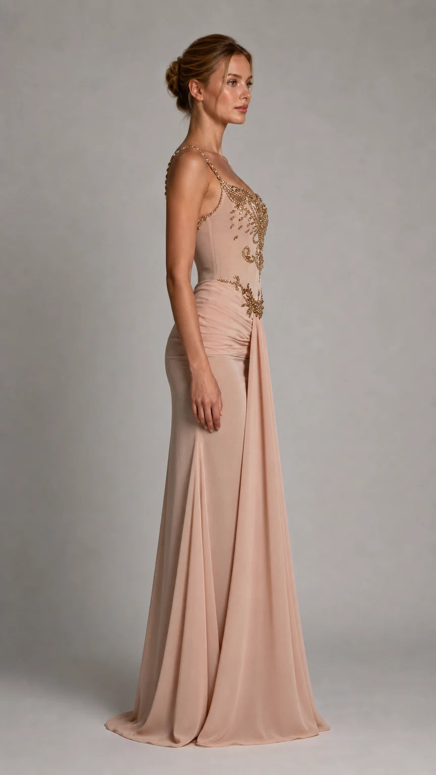 Side profile view of nude evening gown