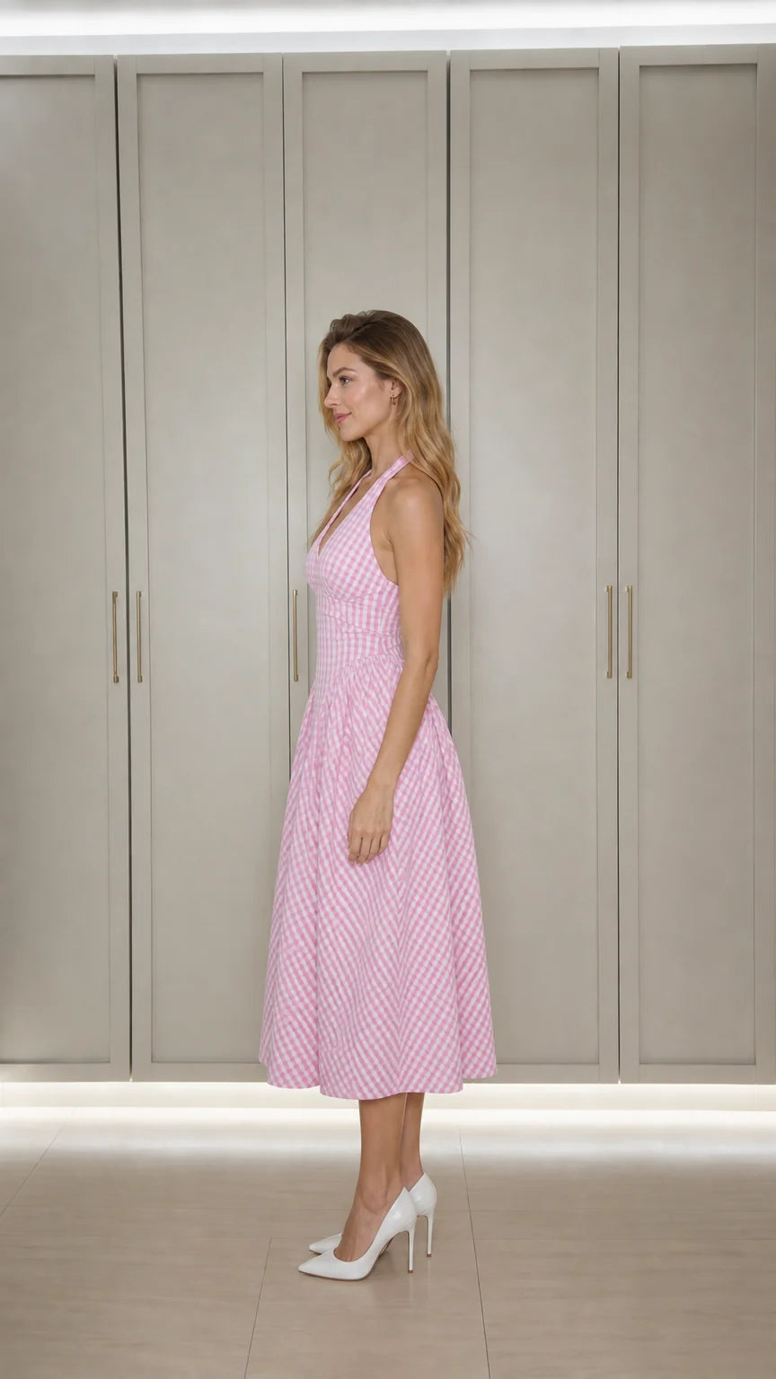 Side profile of model in pink gingham midi dress