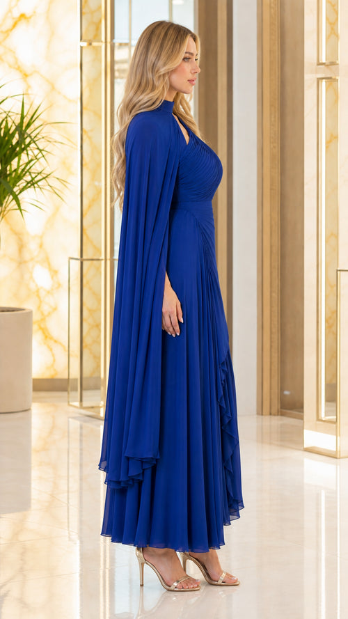 Side profile of royal blue cape sleeve formal evening dress