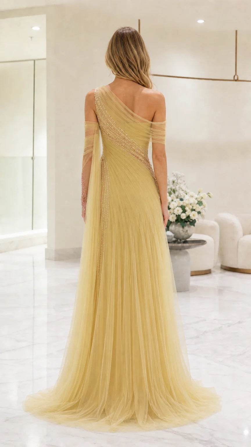 Back view of yellow formal dress