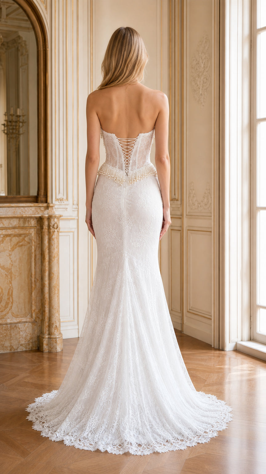 Back view of white lace mermaid gown showcasing lace-up corset closure and train