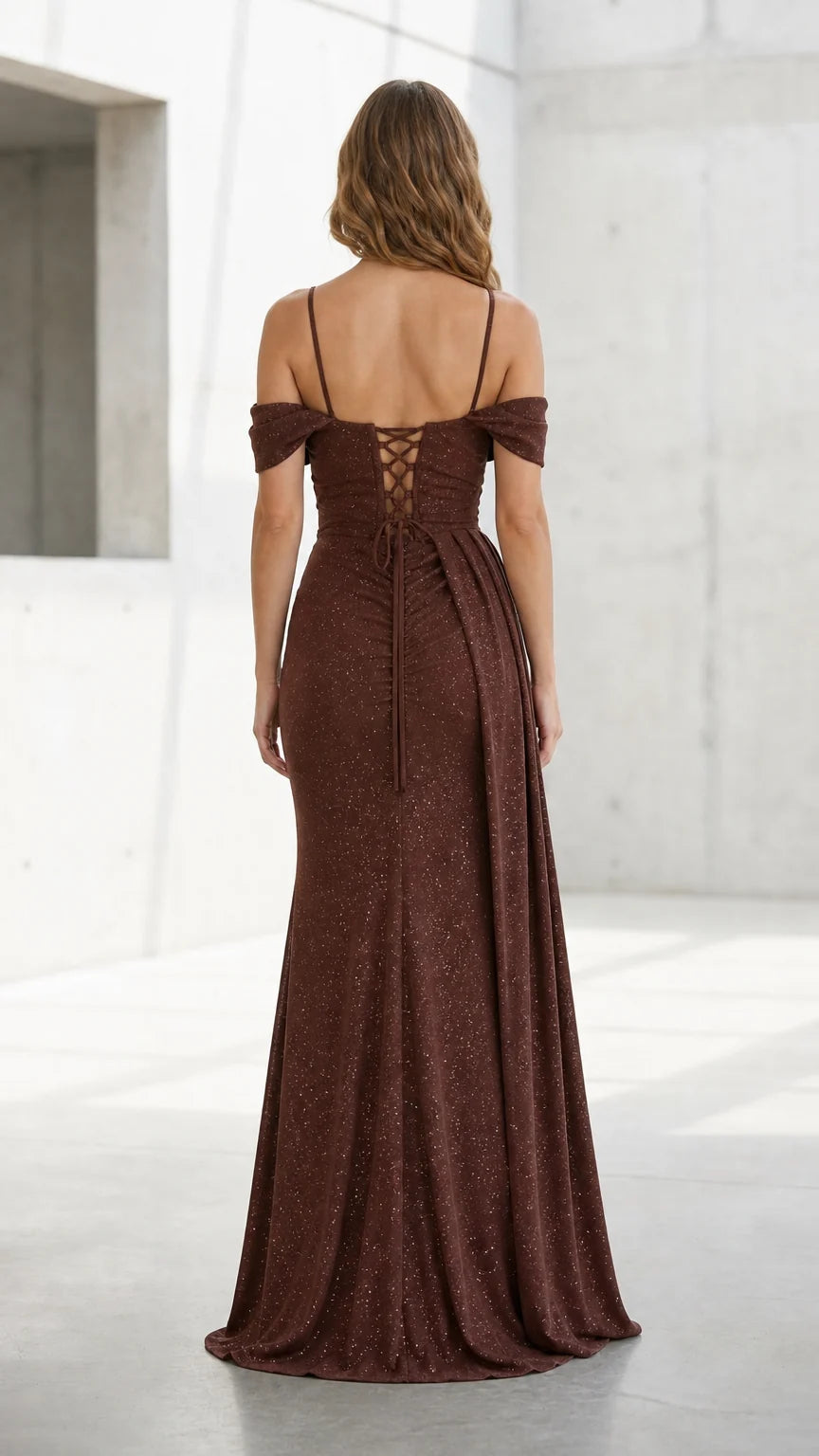 Back view of brown evening gown showing lace-up corset detail