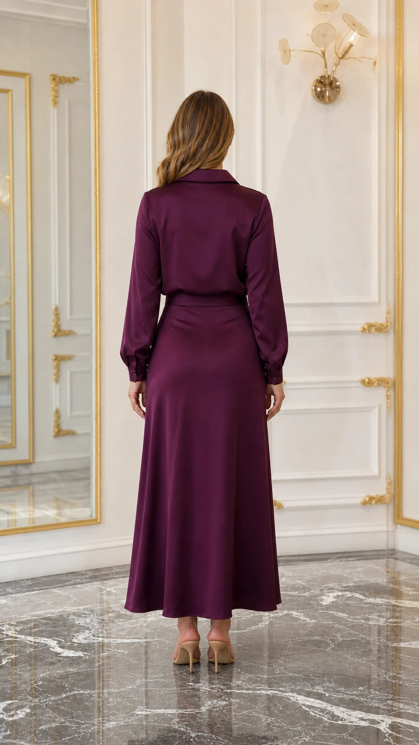Back view of burgundy tie-waist maxi shirt dress with long sleeves