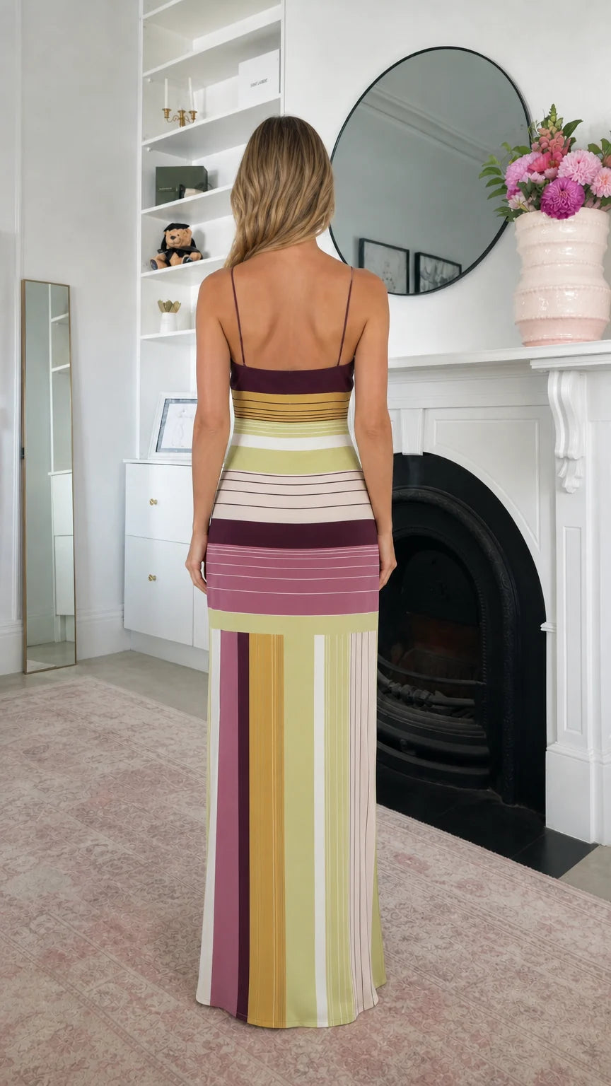 Back view of burgundy multi striped maxi dress
