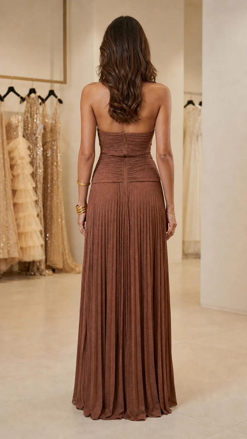 Back view of brown halter neck evening gown