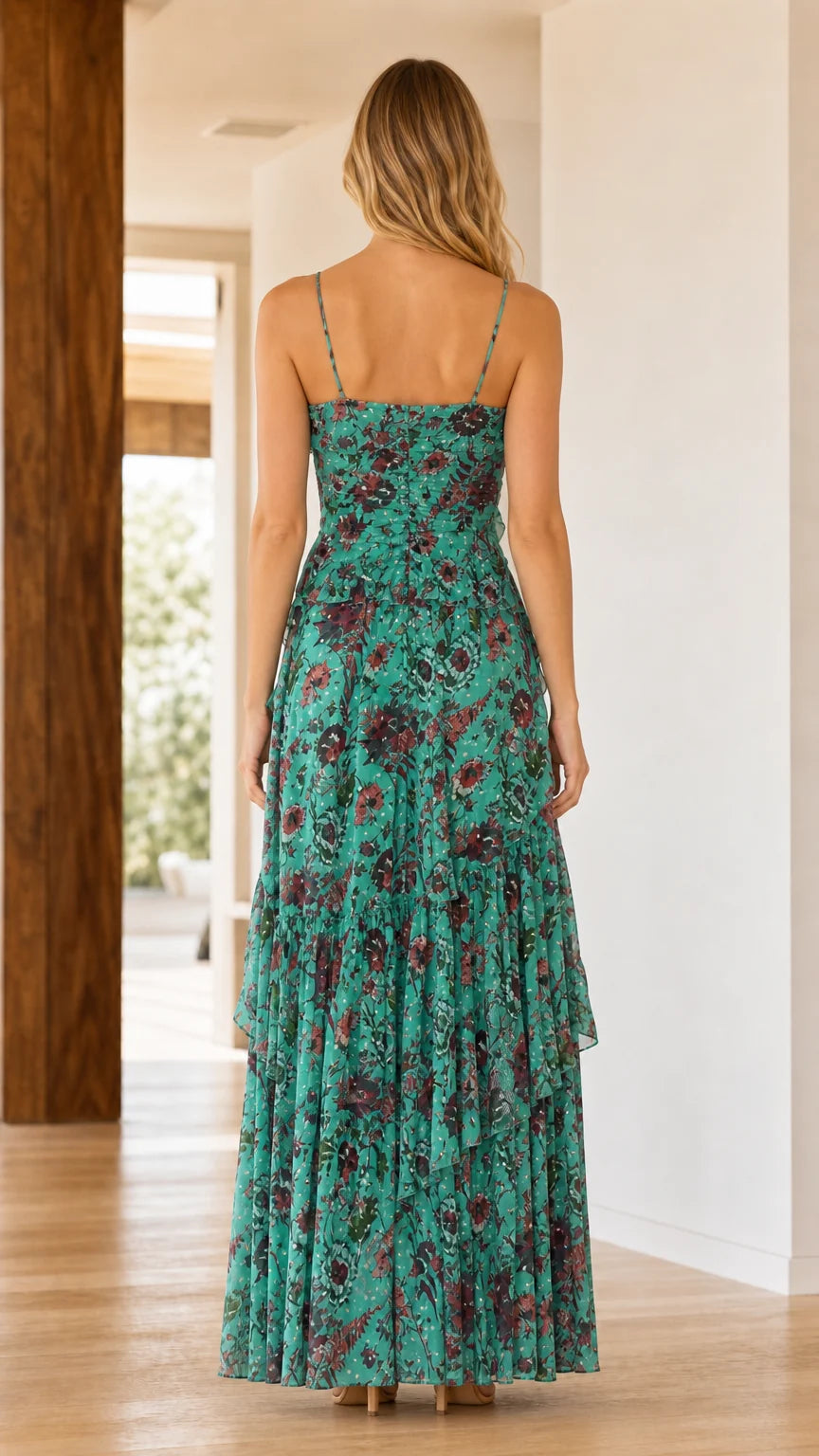 Back view of model wearing Teal floral maxi dress