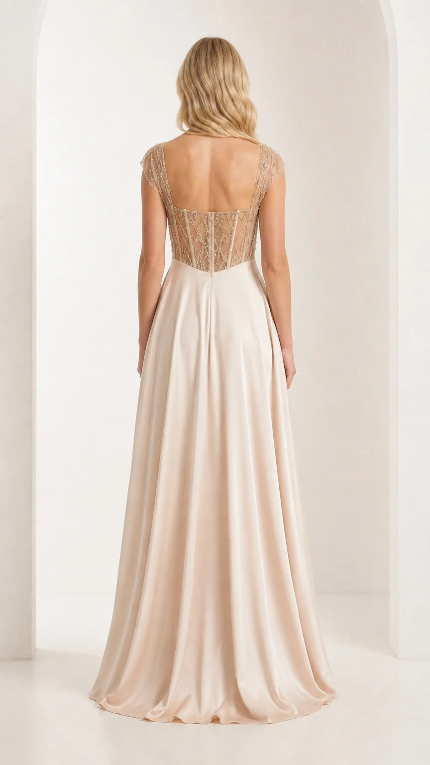 Back view of champagne formal gown