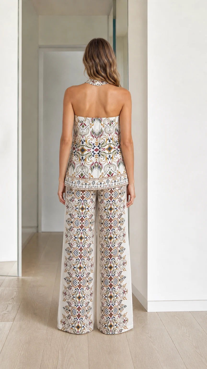 Model wearing cream boho printed two-piece set, back view