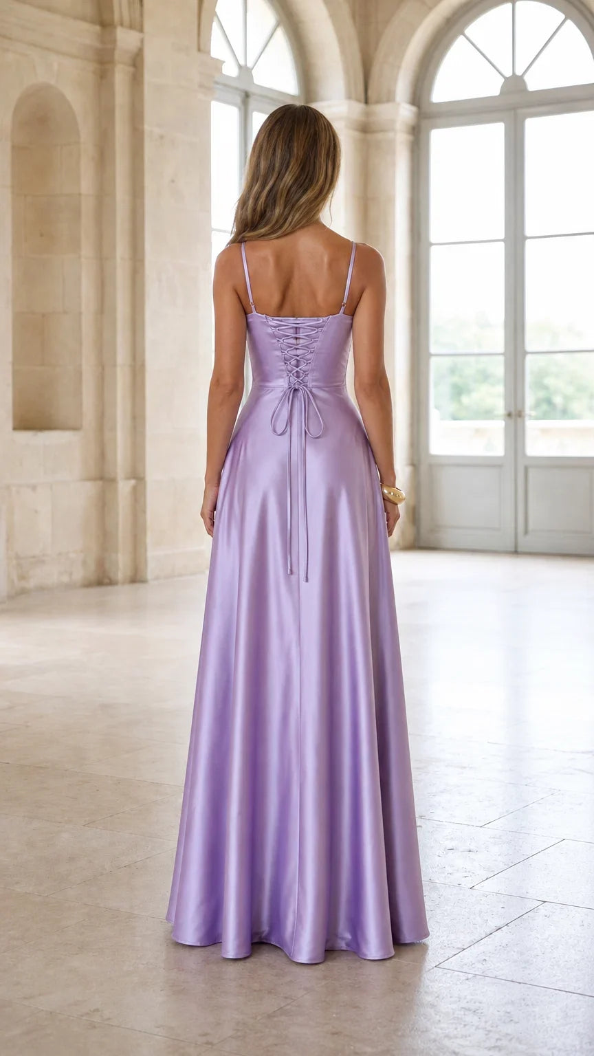 Back view showing lace-up detail on lavender satin dress
