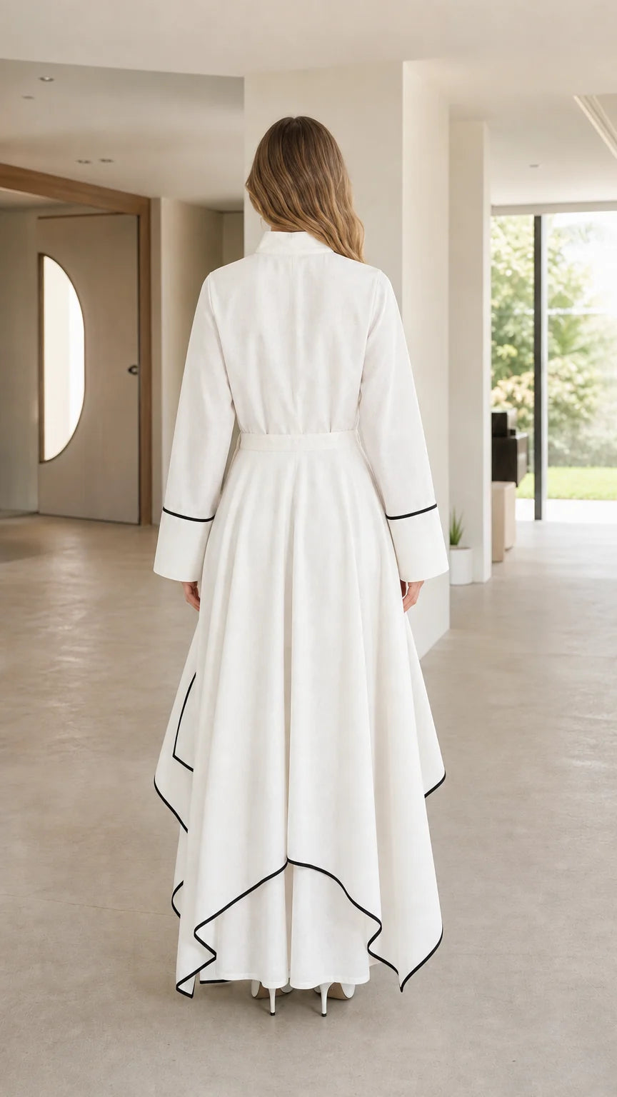 Back view of white maxi dress with flowing asymmetric hemline