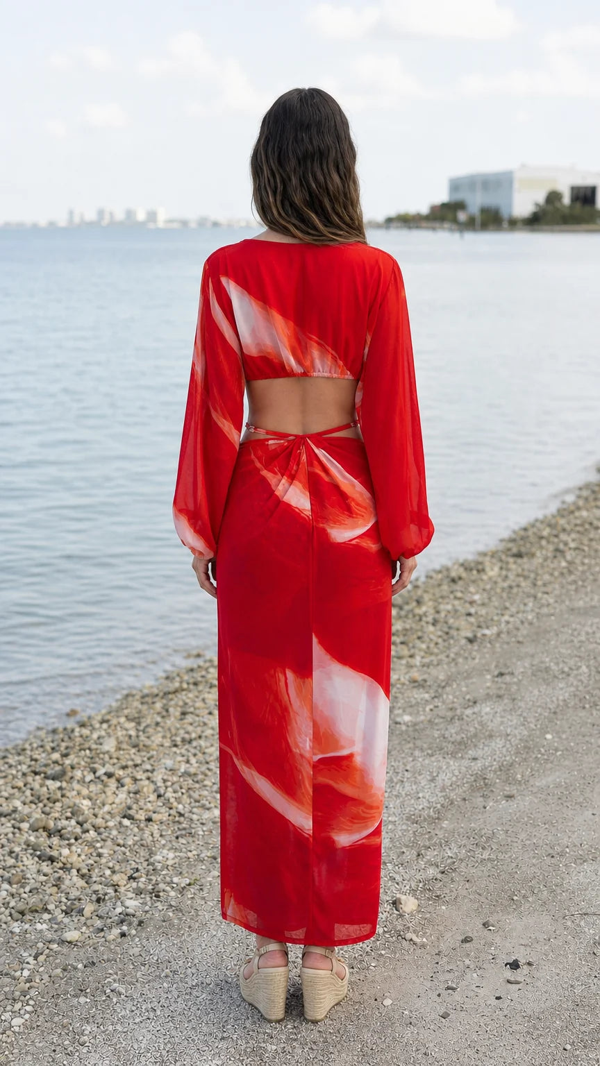 Back view of red abstract print cutout maxi dress