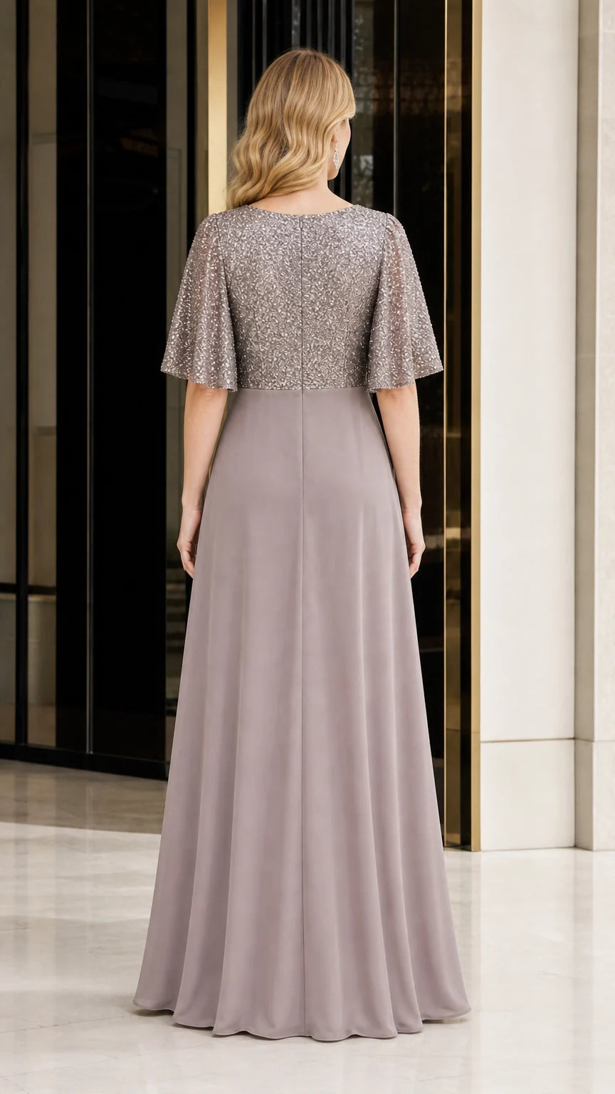 Back view of taupe evening gown