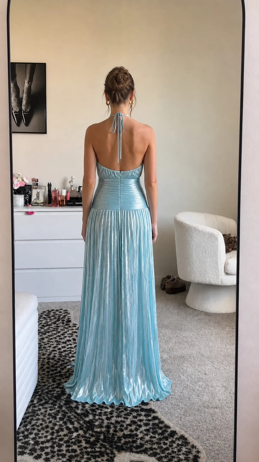 Metallic light blue halter dress back view showing tie straps