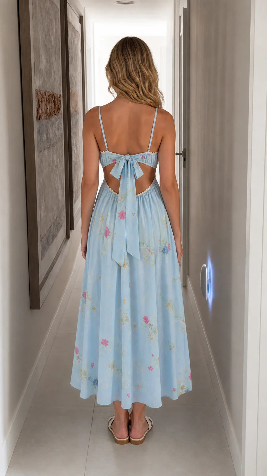 Back view showing bow tie detail on light blue floral midi dress