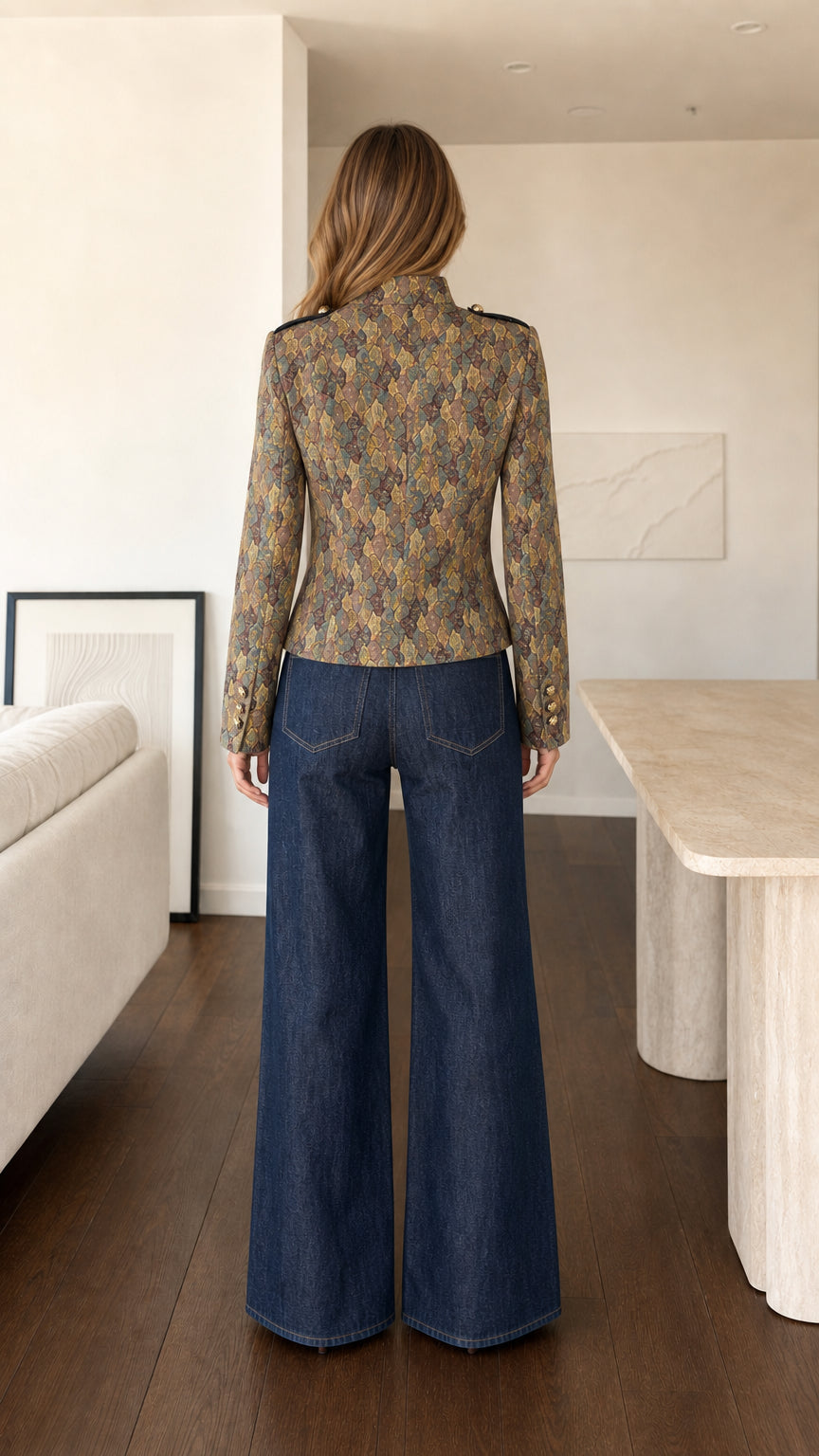 Back view of model wearing Bronze Multi tailored woven military jacket