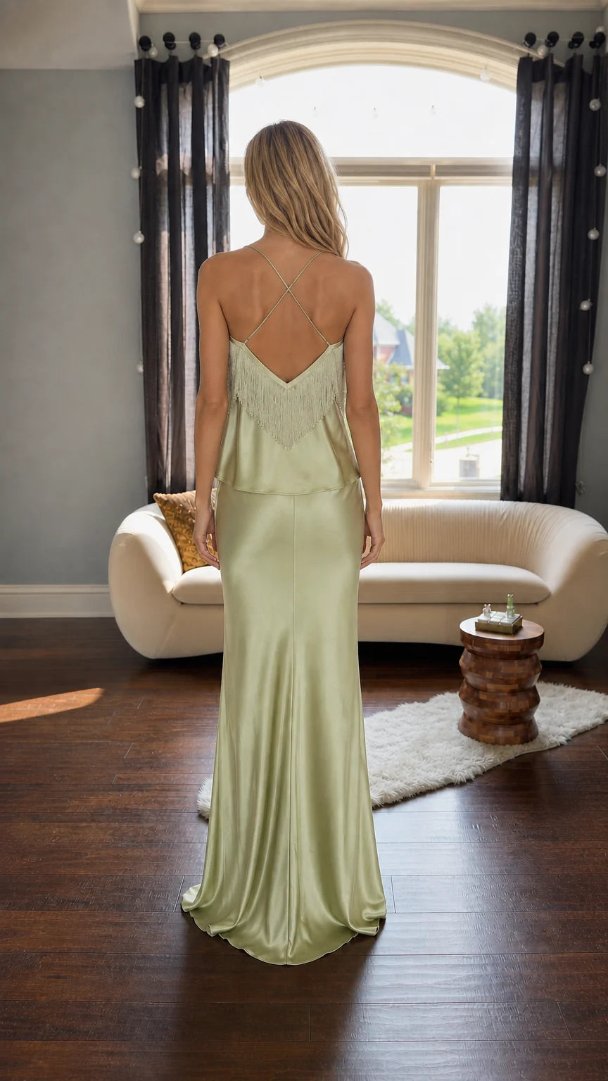 Back view showing criss-cross straps on sage green camisole set
