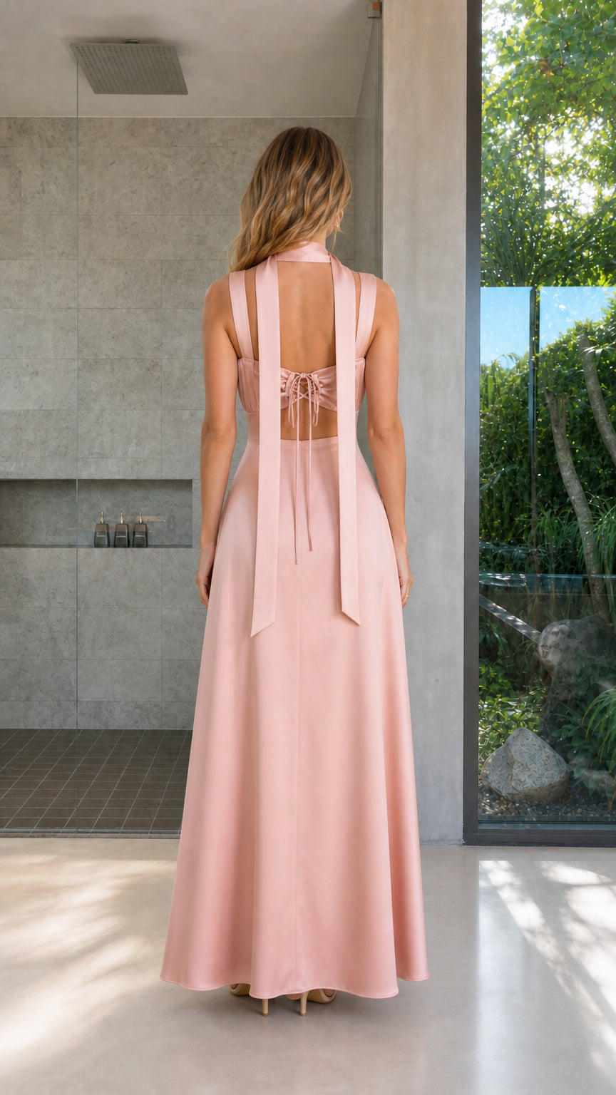 Model wearing Blush Pink satin maxi dress showing back cutout and cascading ties