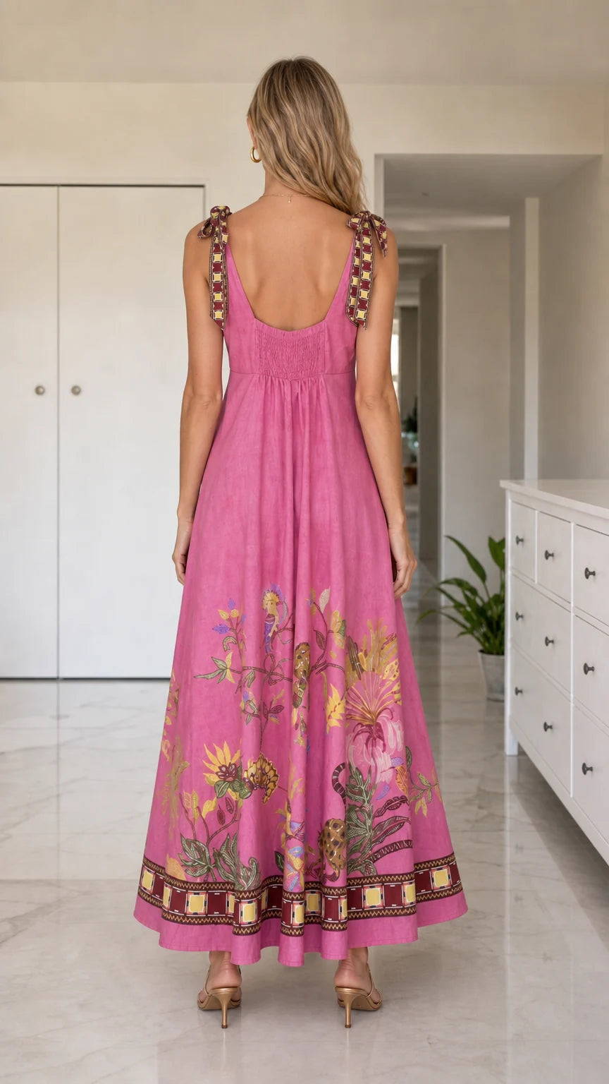 Back view of pink floral maxi dress showing smocked detail