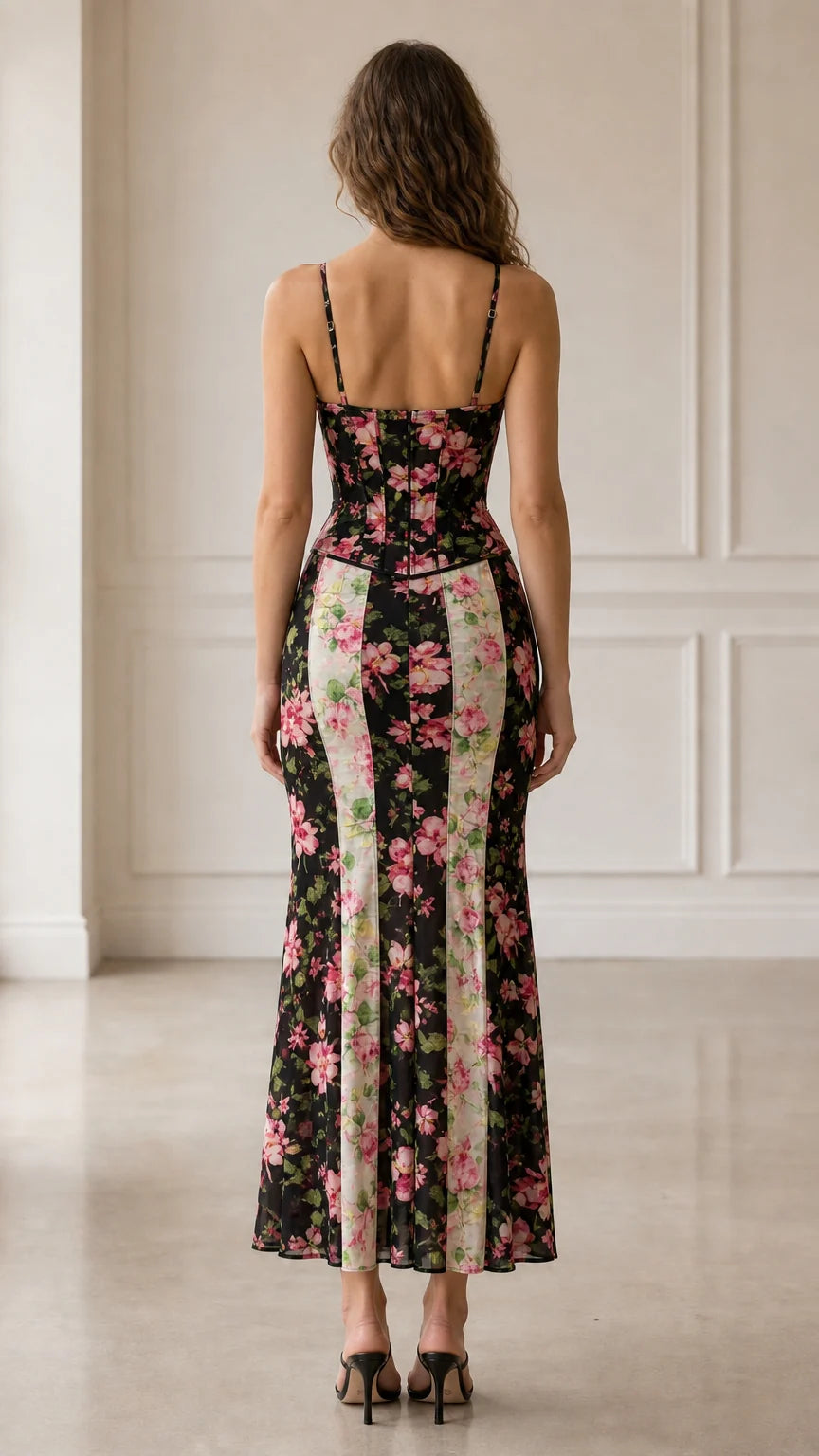 Back view of woman wearing Black floral corset midi dress set