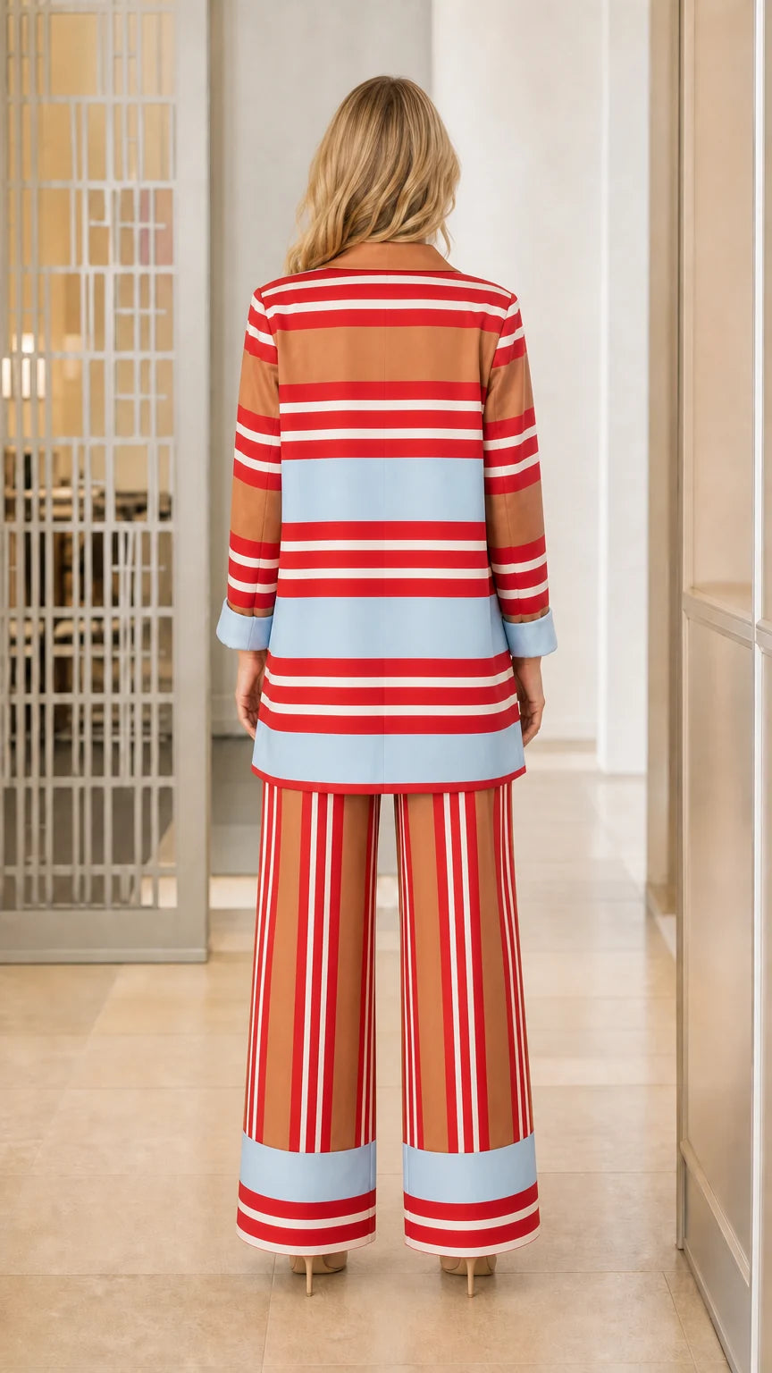 Back view of woman wearing brown striped blazer and trousers