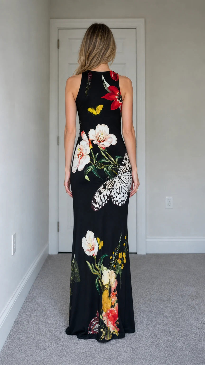 Model wearing black floral maxi dress from the back view