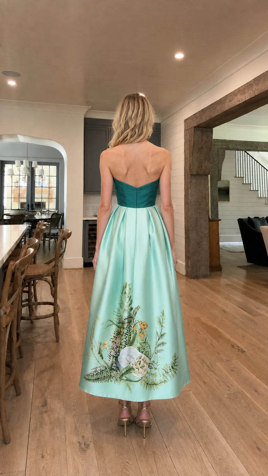 Back view of model in teal and mint strapless evening gown