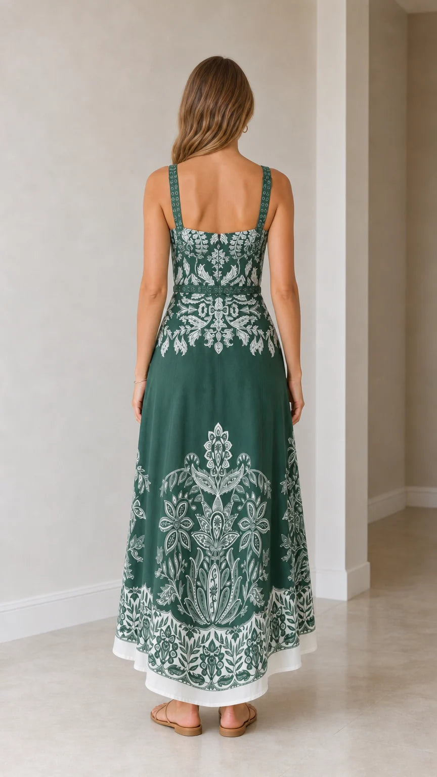 Model wearing green botanical print maxi dress from back