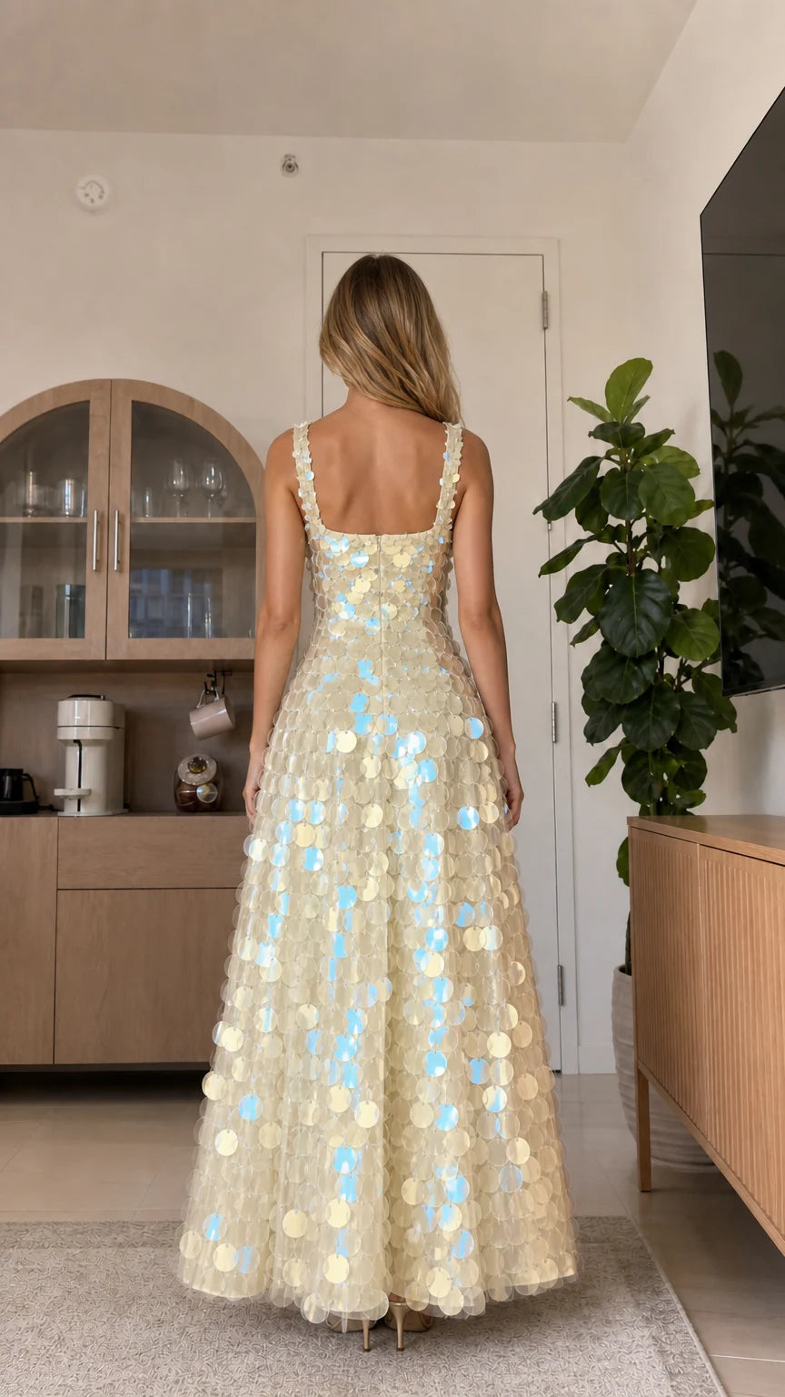 Back view of champagne sequin maxi dress