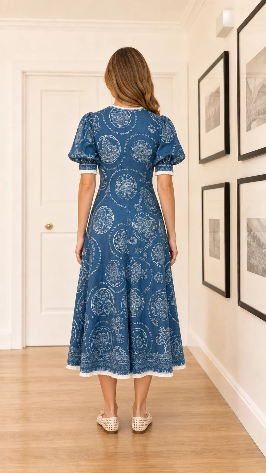 Back view of woman wearing blue embroidered midi dress