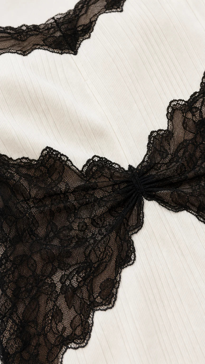 Close-up detail of black lace trim and textured fabric