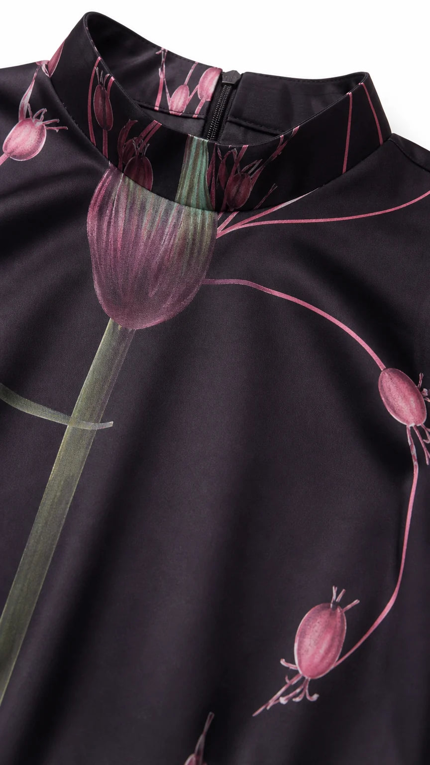 Close-up of mock neck and botanical floral print detail