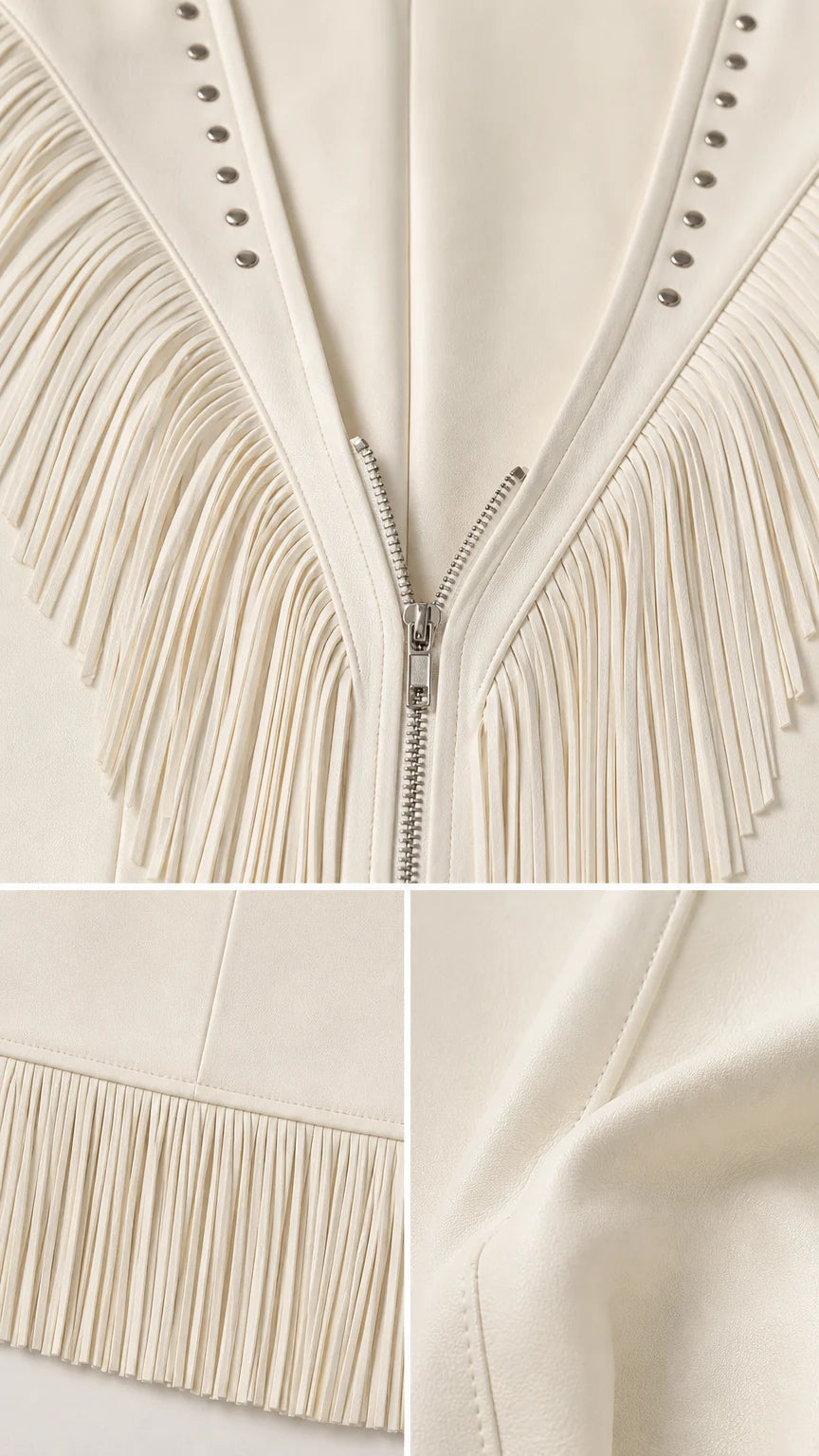 Close-up details of front zipper, studs, fringe, and fabric texture
