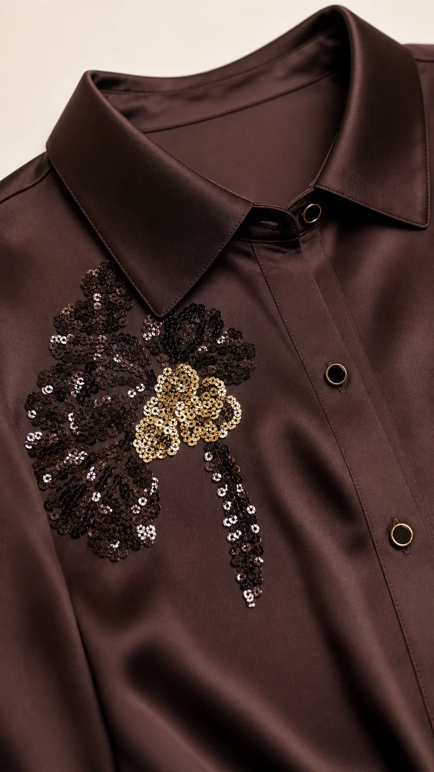 Close-up of collar and floral sequin embroidery on brown satin shirt