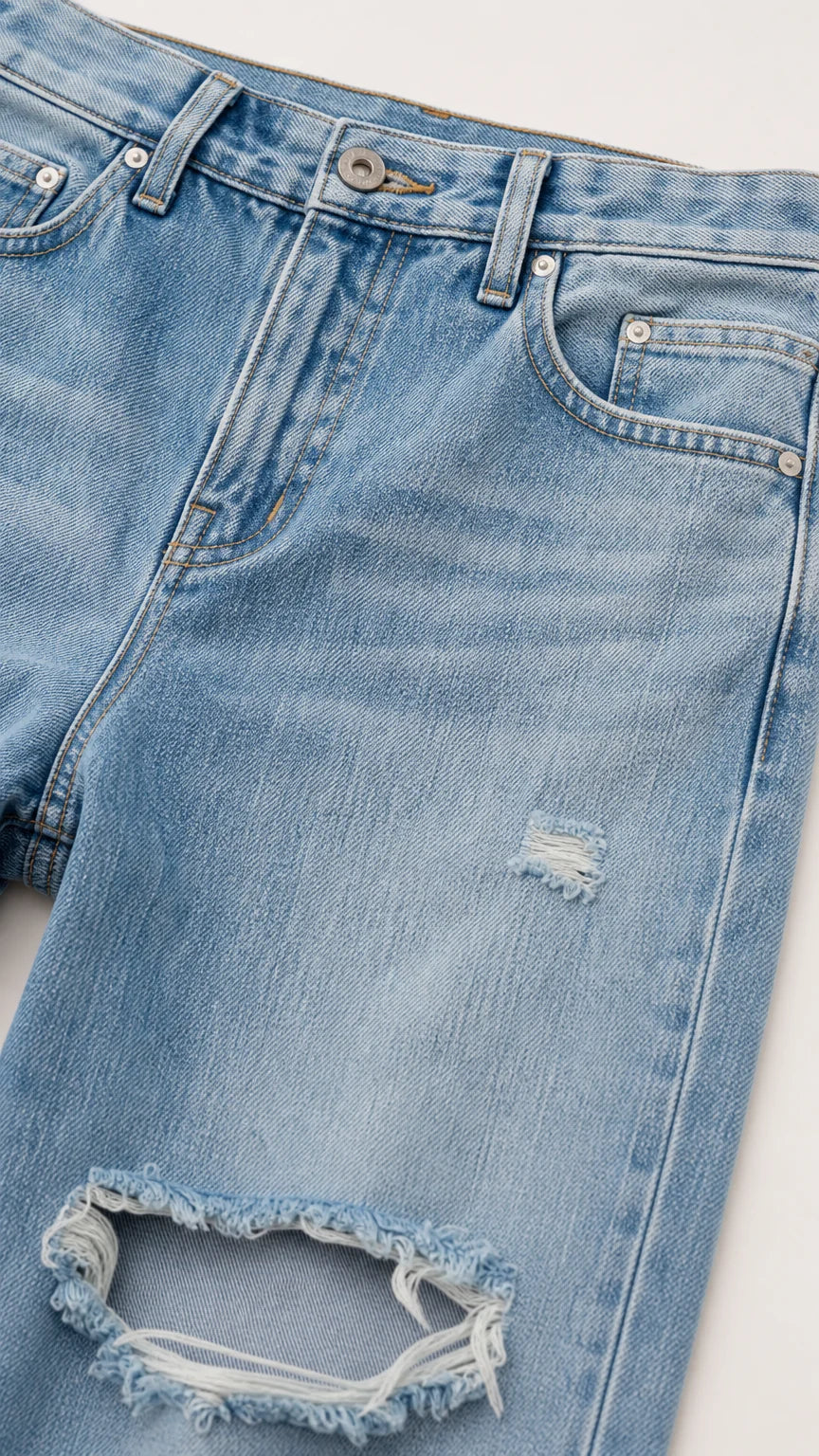 Close-up detail of light wash distressed denim jeans