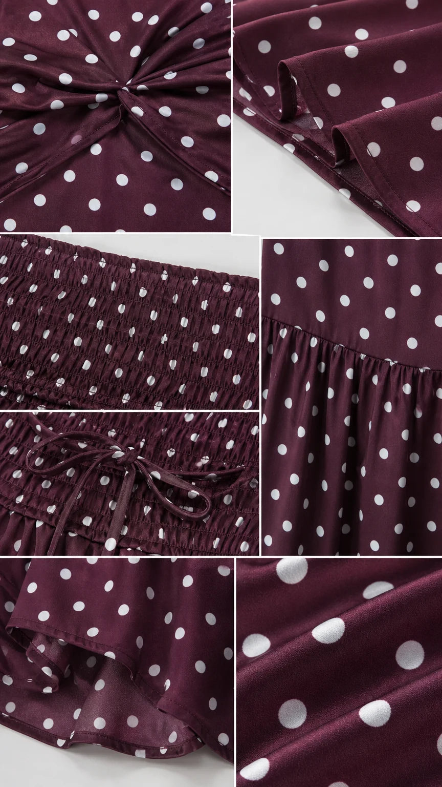 Close-up details of fabric, smocking, and polka dot pattern