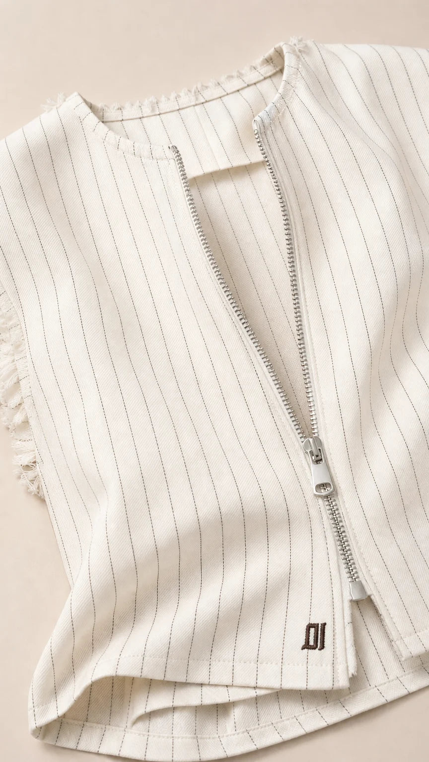 Close-up detail of white pinstripe vest with zipper closure