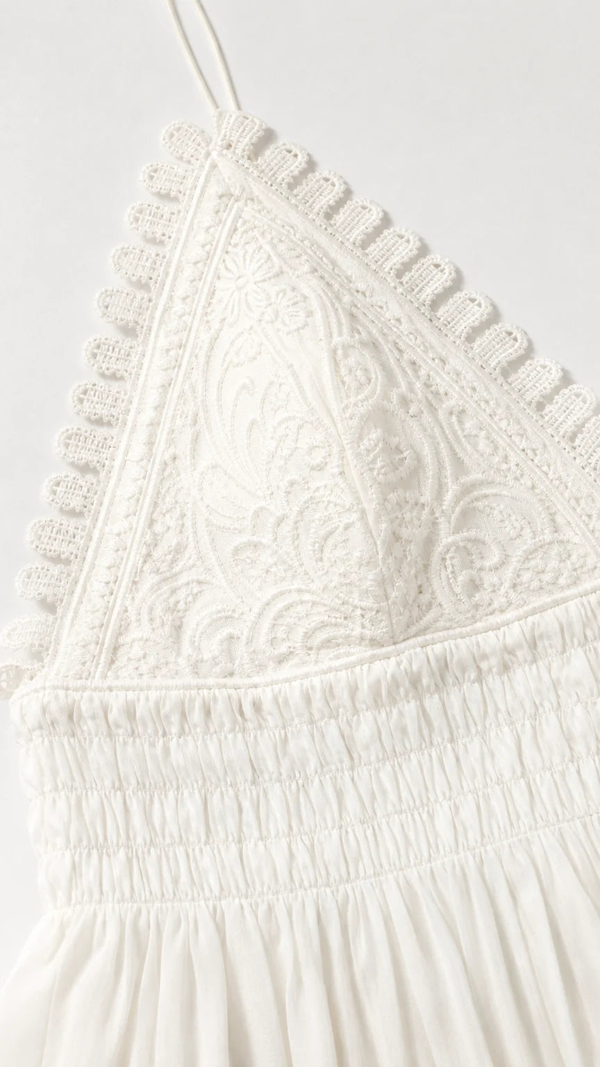 Close-up detail of white lace neckline and smocked bodice