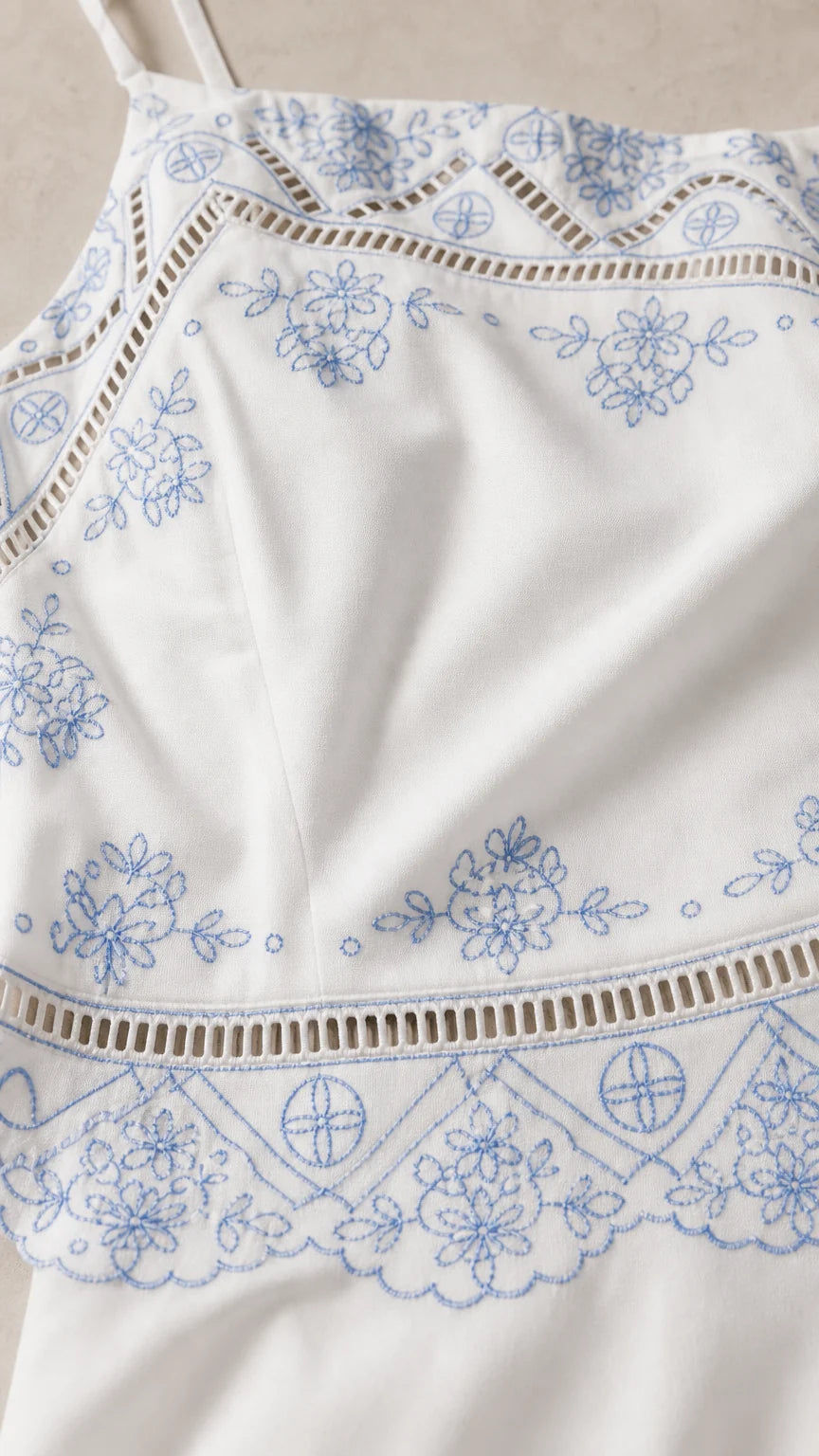 Close-up of floral embroidery and cutout trim details