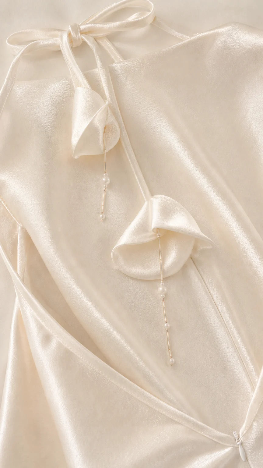 Close-up detail of back tie straps with floral and bead drops on white satin