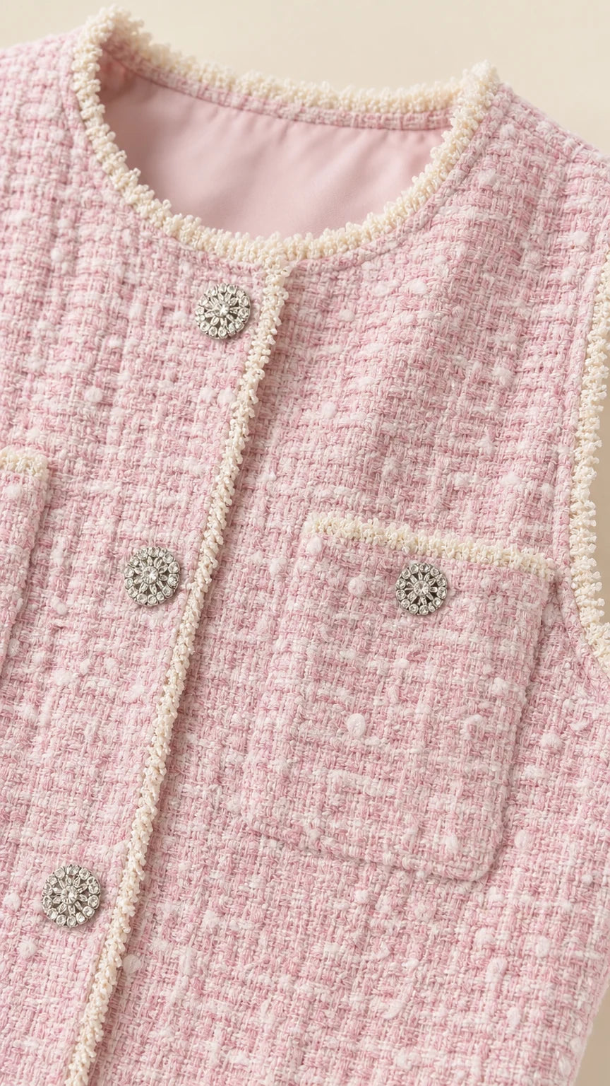 Close-up detail of pearl trim and jeweled buttons on pink tweed dress