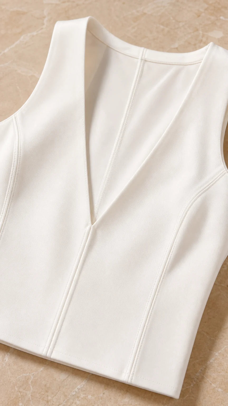 Close-up detail of white halter crop top with structural seaming