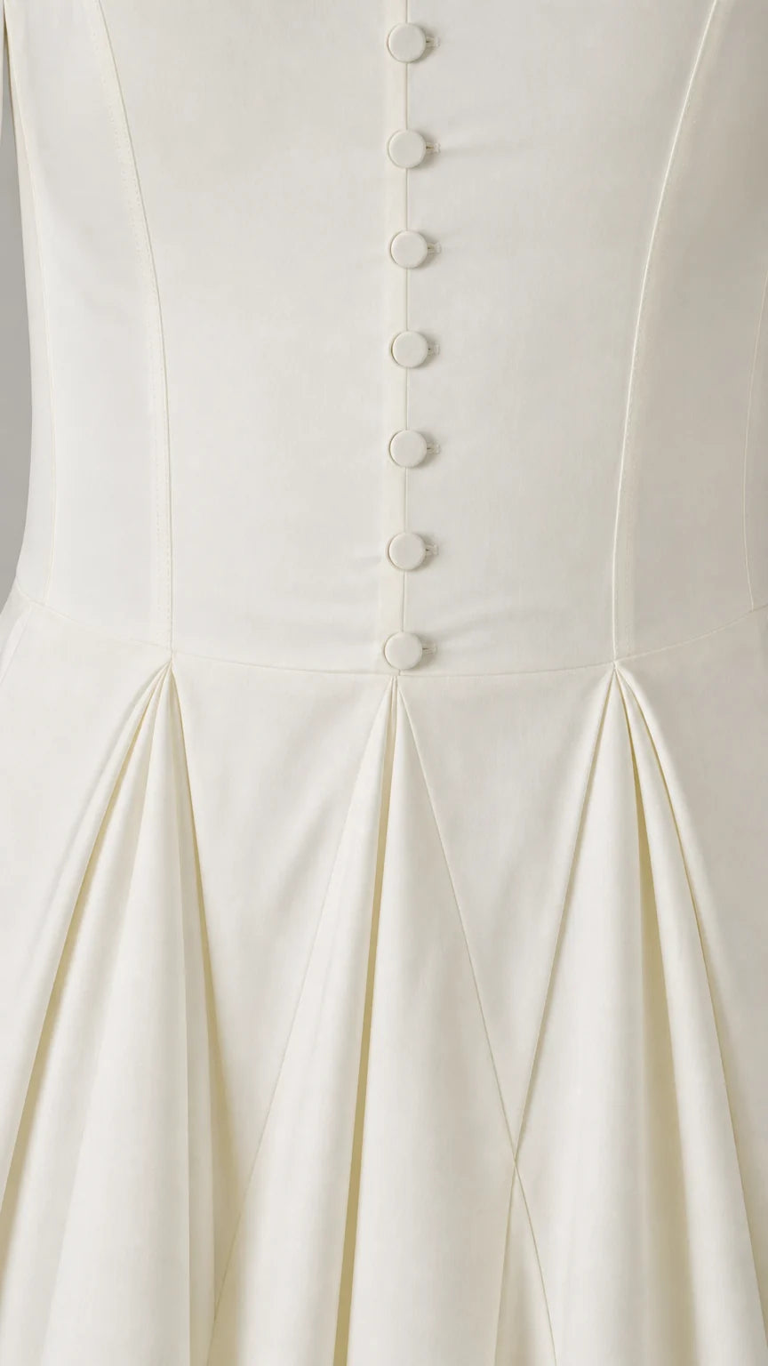Close-up detail of front buttons and pleated waist on white dress