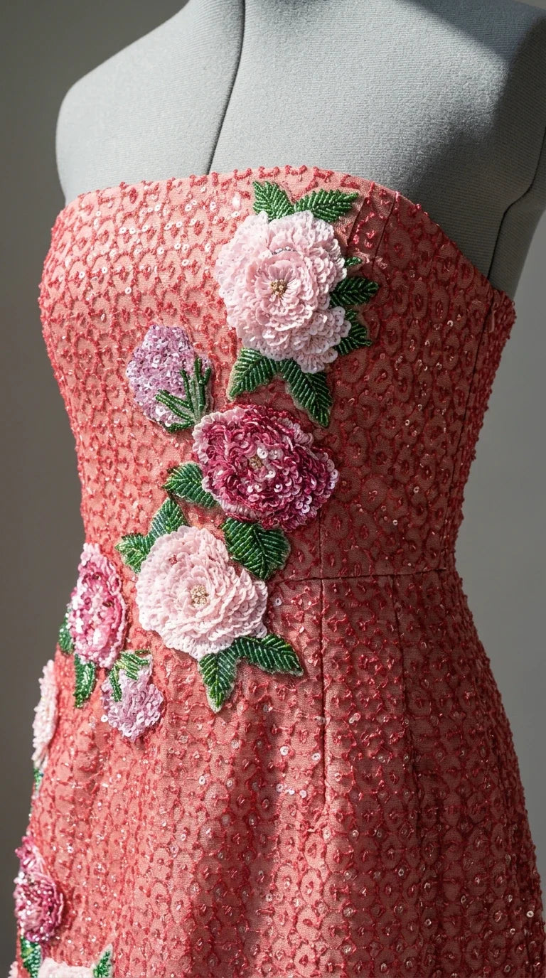 Close-up detail of floral appliques and beadwork